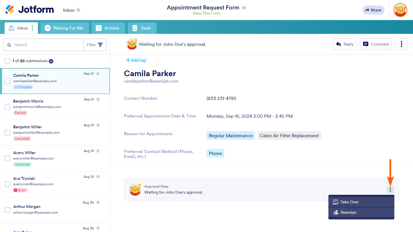 Take Over and Reassign options of the Approval Step in Jotform Inbox