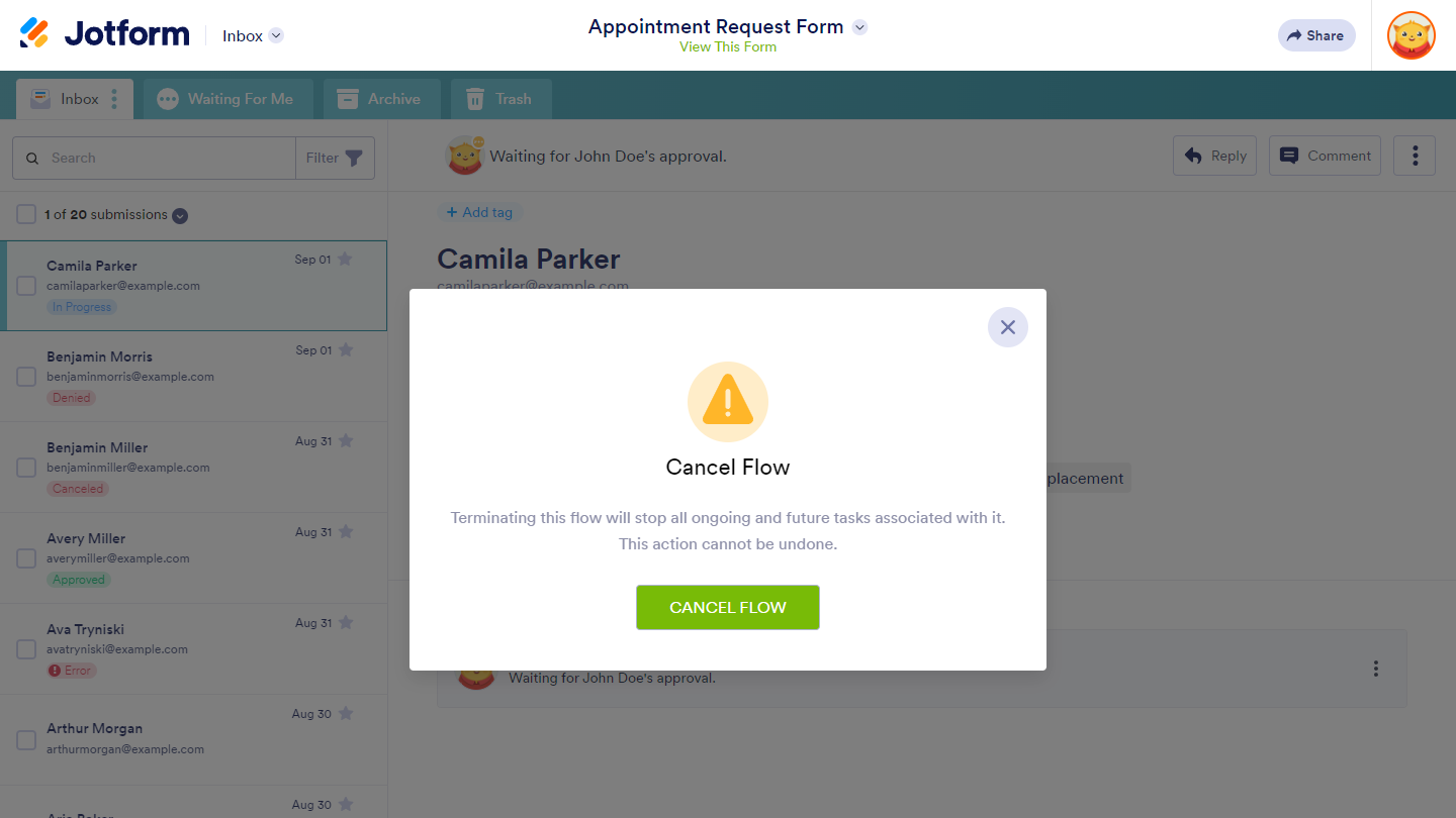 Cancel Flow confirmation window in Jotform Inbox