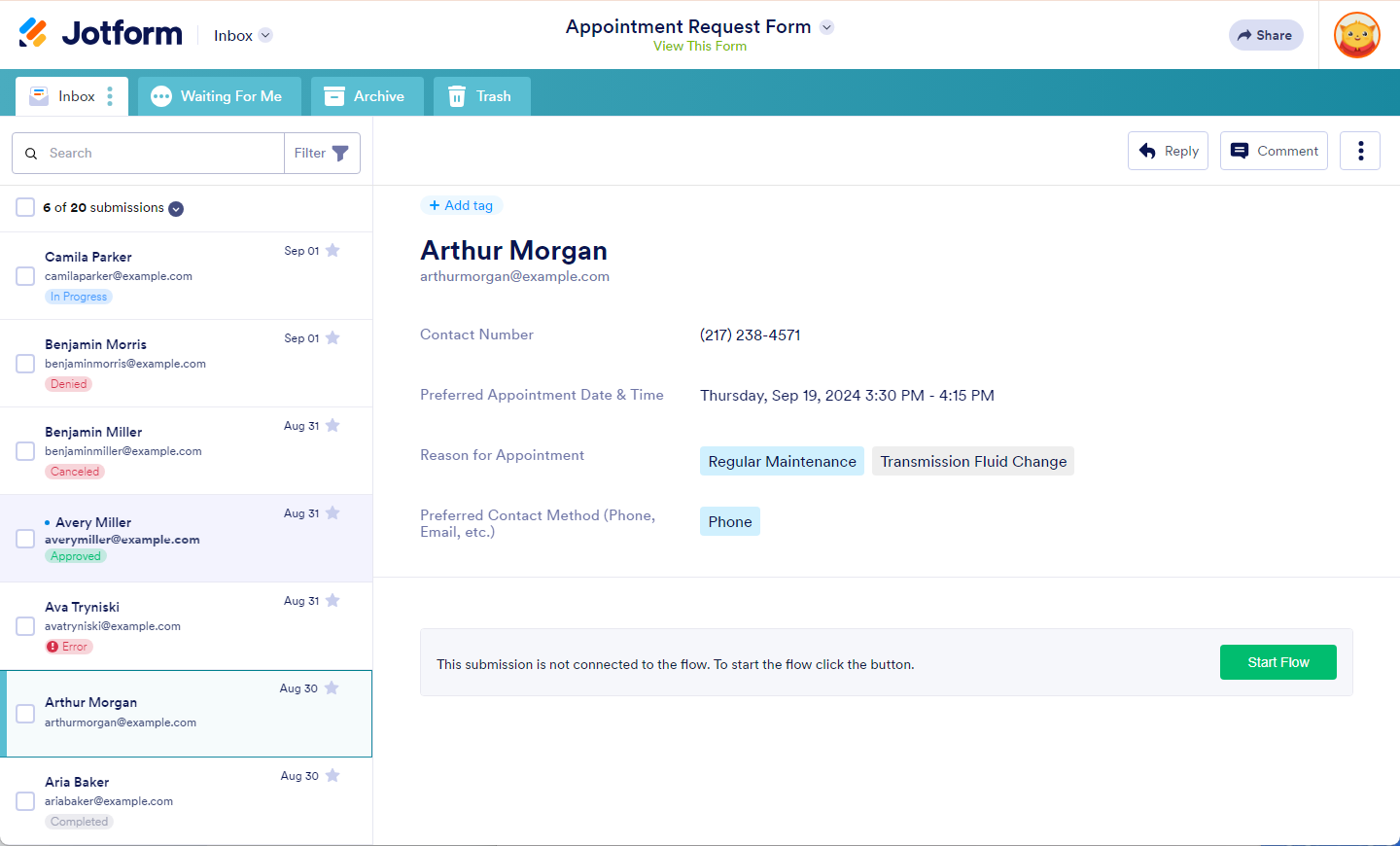 Different flow statuses in Jotform Inbox
