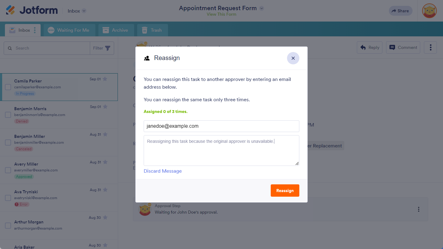Add Message on the Reassign modal window in Jotform Inbox