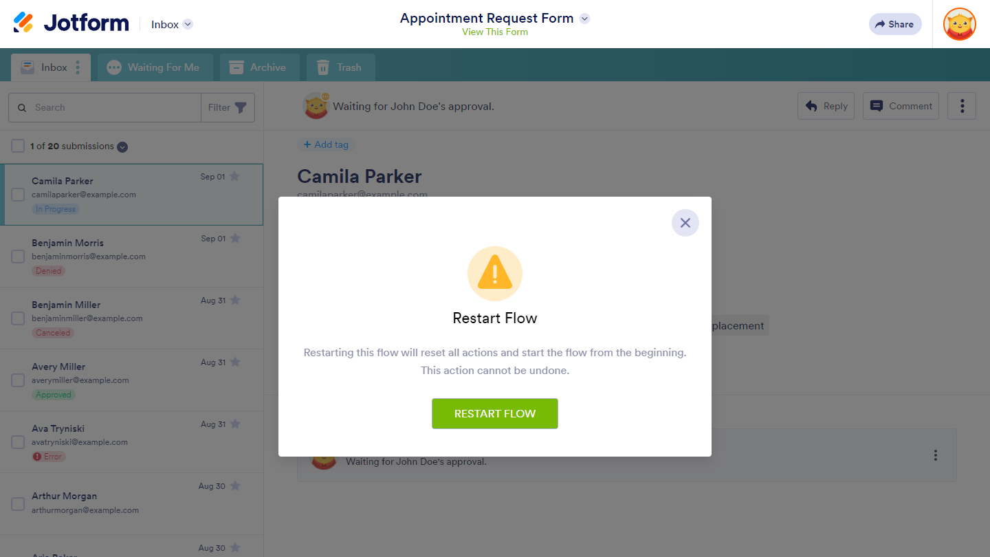 Restart Flow confirmation window in Jotform Inbox