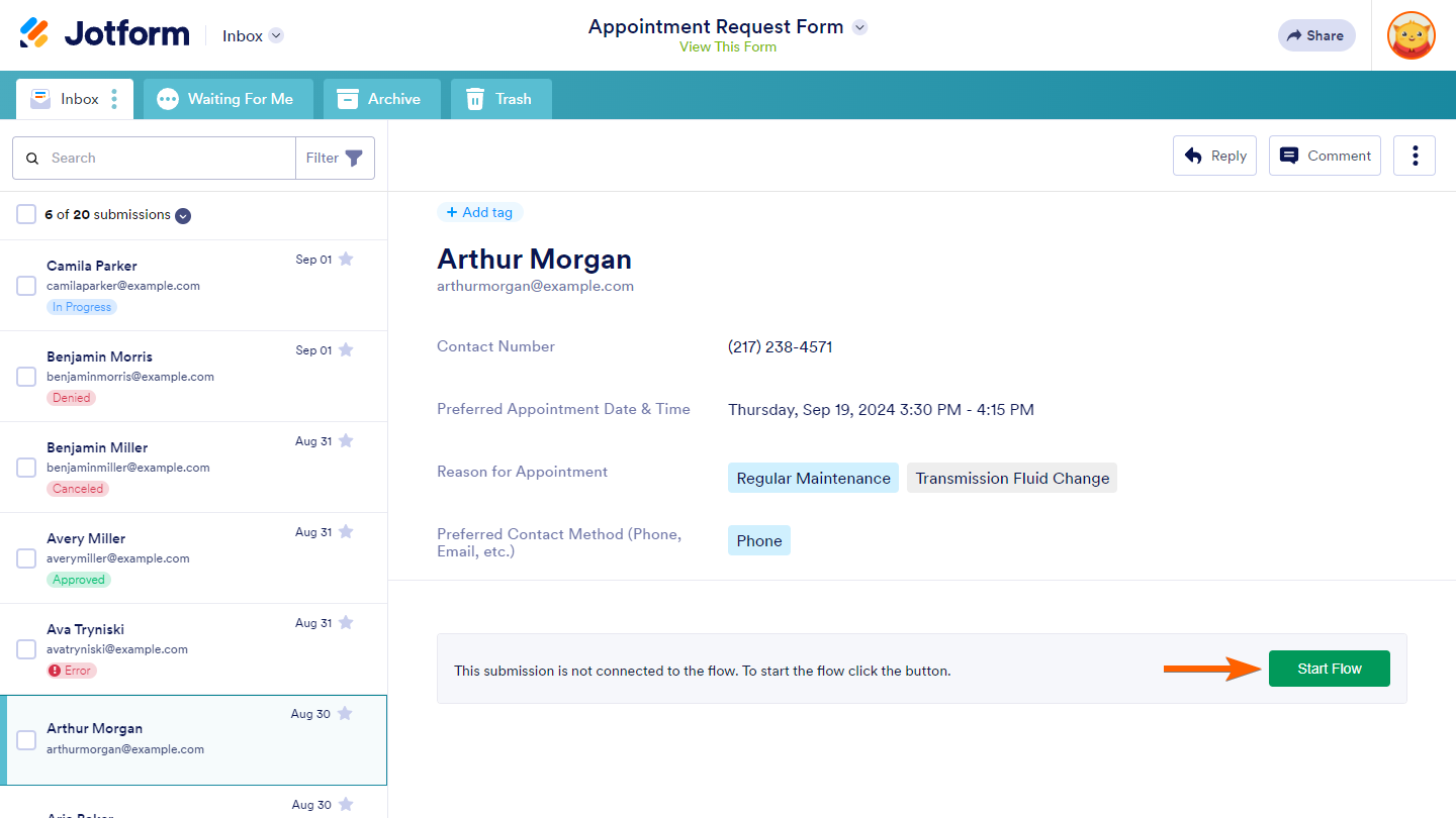 Start Flow button in Jotform Inbox