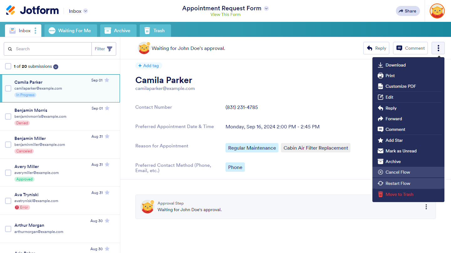 Cancel Flow and Restart Flow options in submission menu of Jotform Inbox