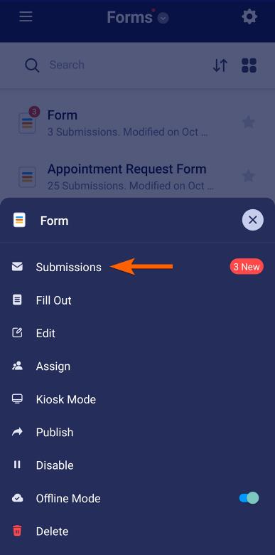 Submissions option in Jotform Mobile App