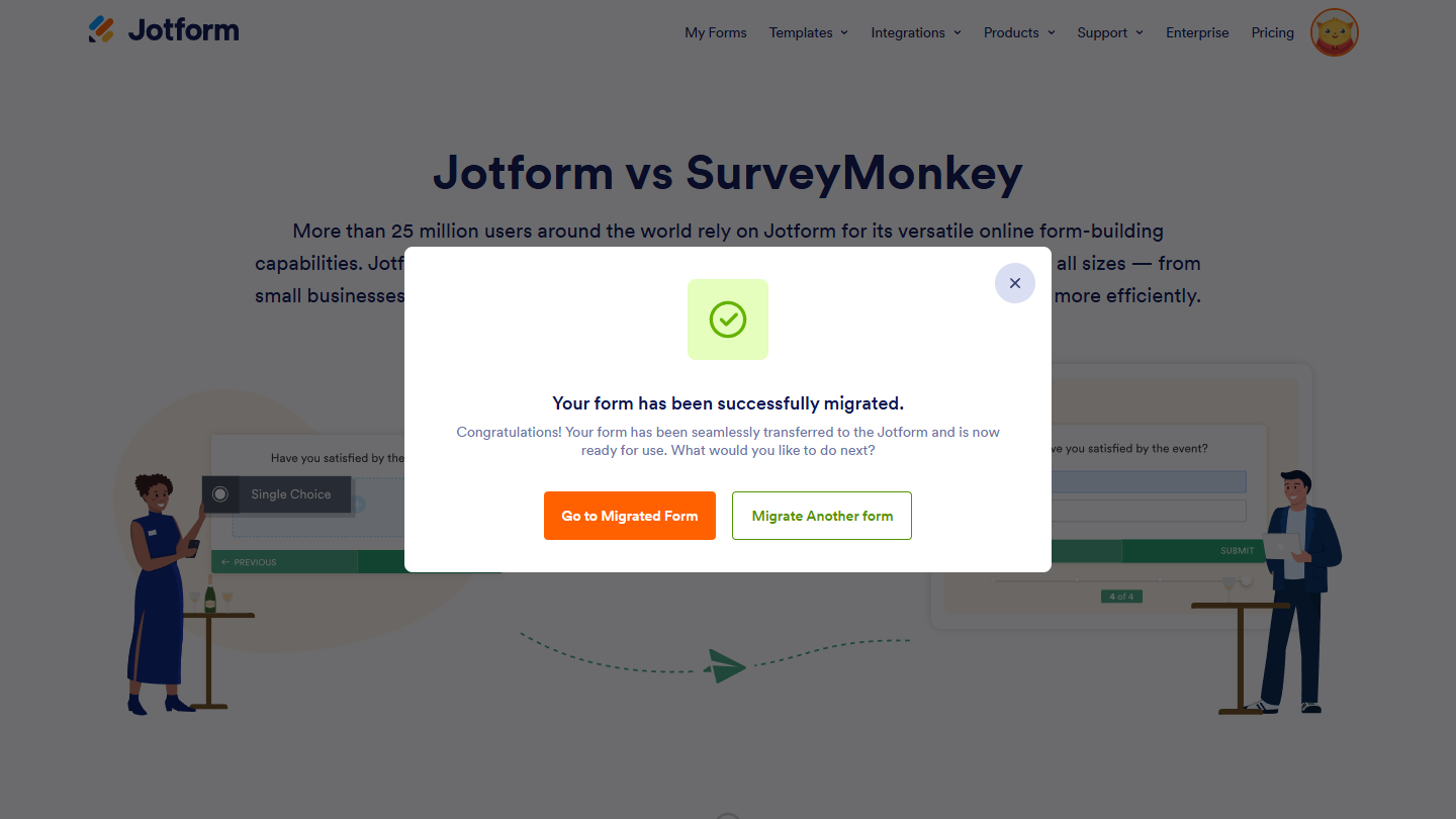 Form successfully migrated modal on the Jotform vs SurveyMonkey page