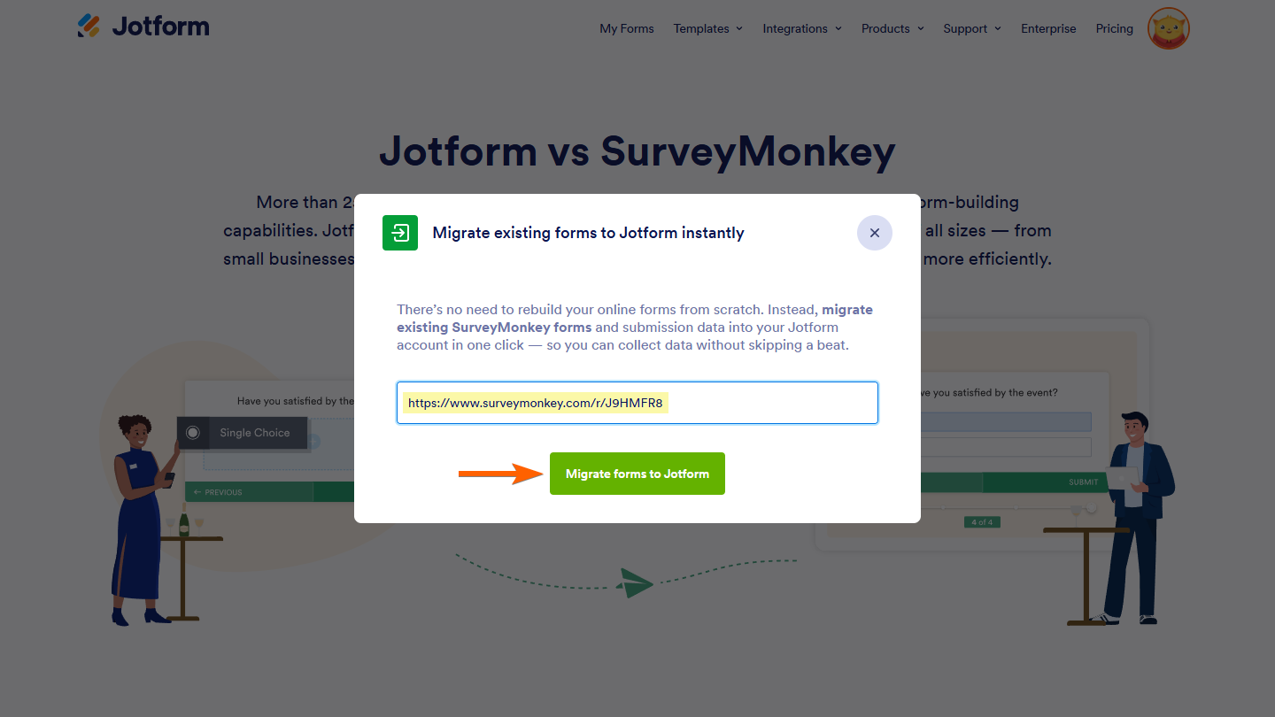 Migrate existing forms to Jotform instantly window on the Jotform vs SurveyMonkey page