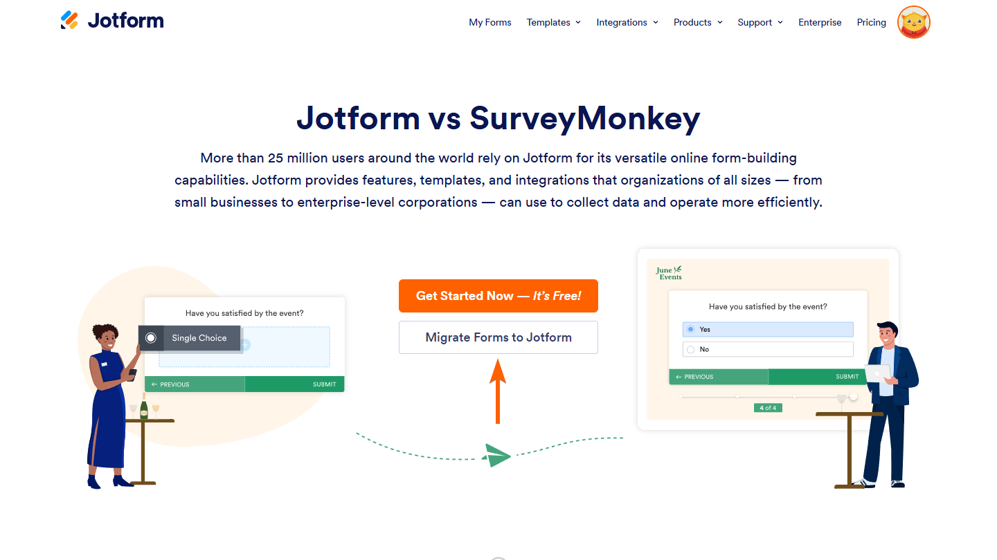 Migrate Forms to Jotform button on the Jotform vs SurveyMonkey page