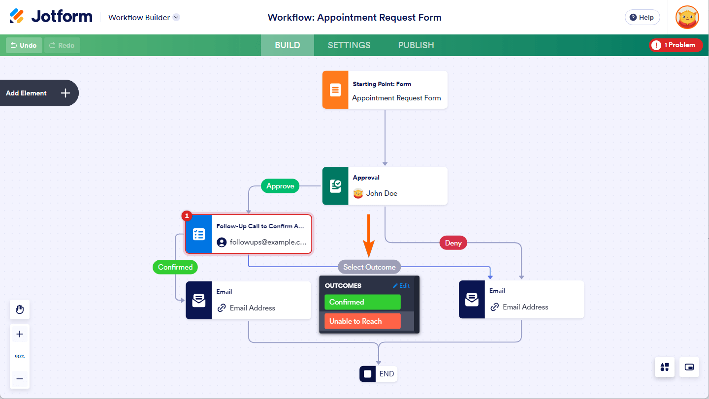 Outcomes menu of the Task element connector in Jotform Workflow Builder canvas