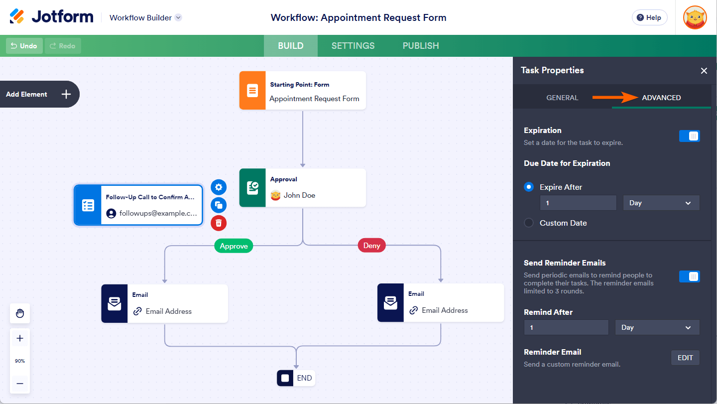 Properties under the Advanced Tab of the Task Properties in Jotform Workflow Builder