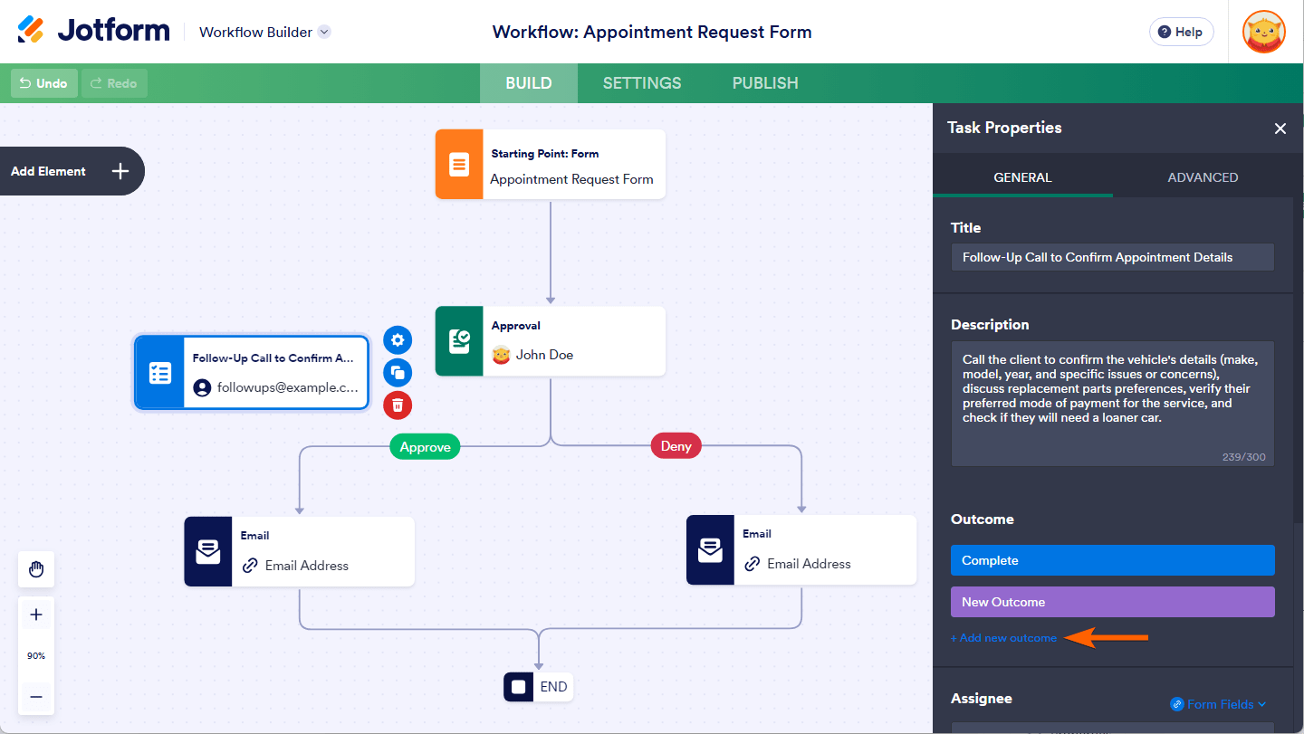 Add new outcome button under the General Tab of the Task Properties in Jotform Workflow Builder
