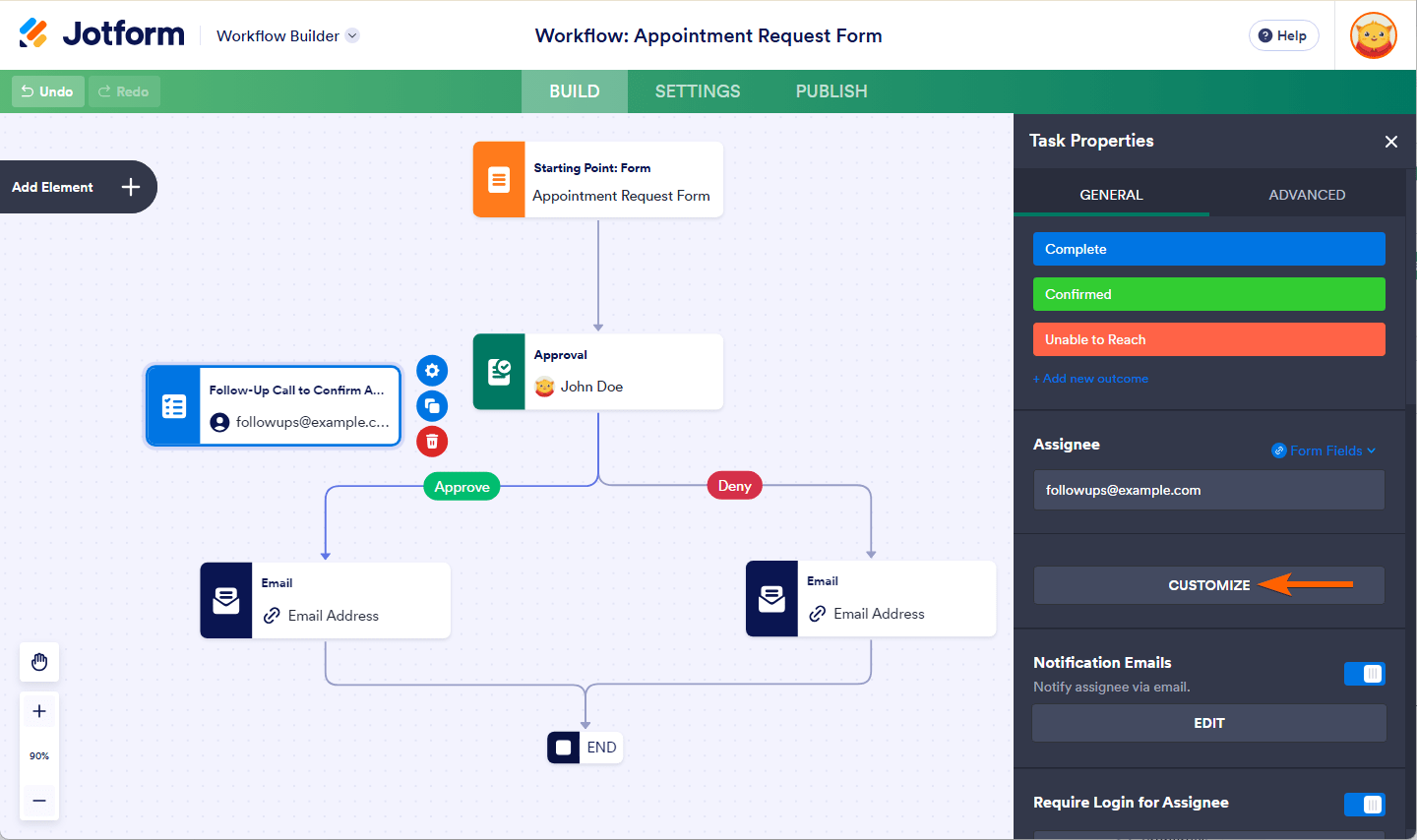 Customize button of an outcome under the General Tab of the Task Properties in Jotform Workflow Builder