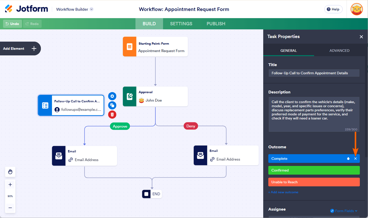 Delete button of an outcome under the General Tab of the Task Properties in Jotform Workflow Builder