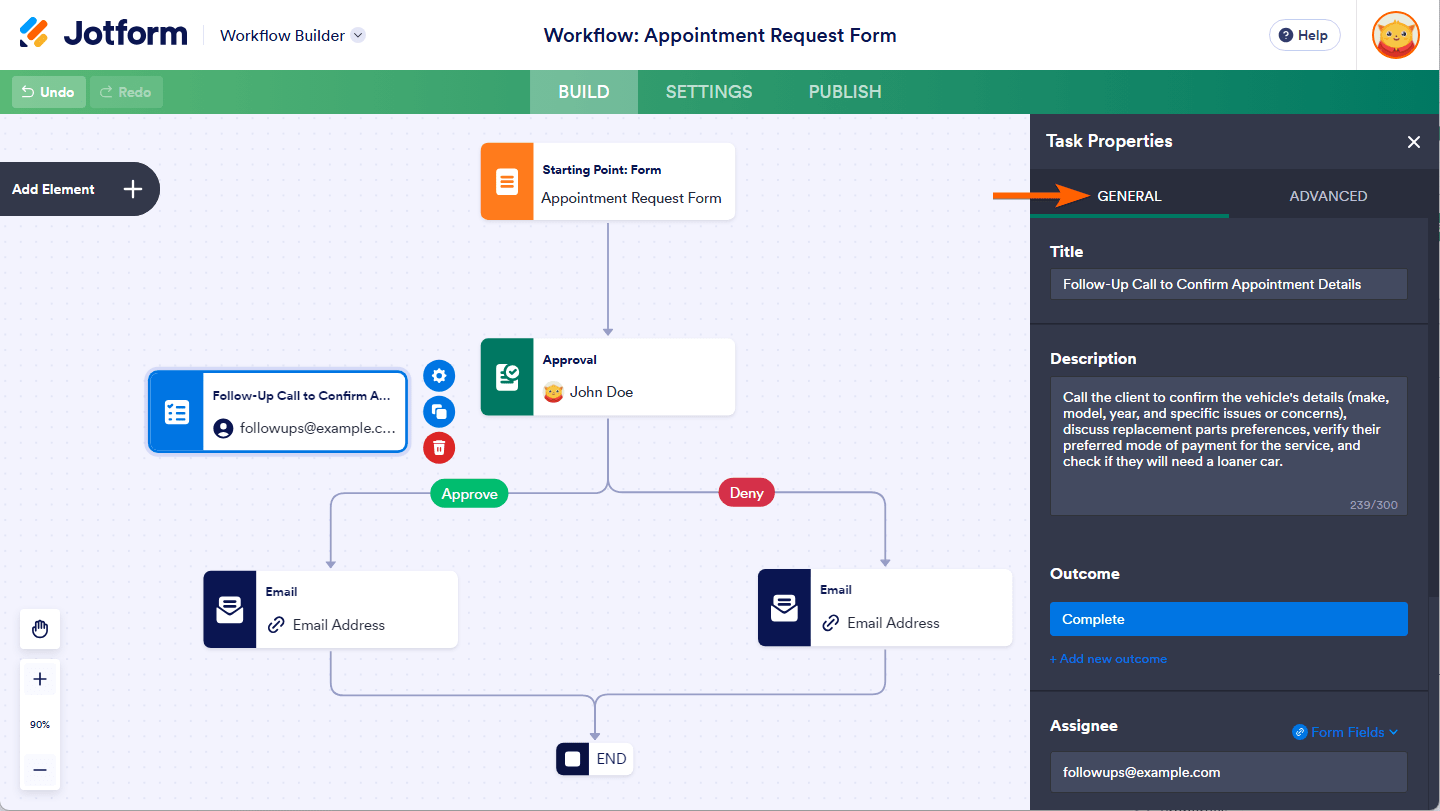 Properties under the General Tab of the Task Properties in Jotform Workflow Builder