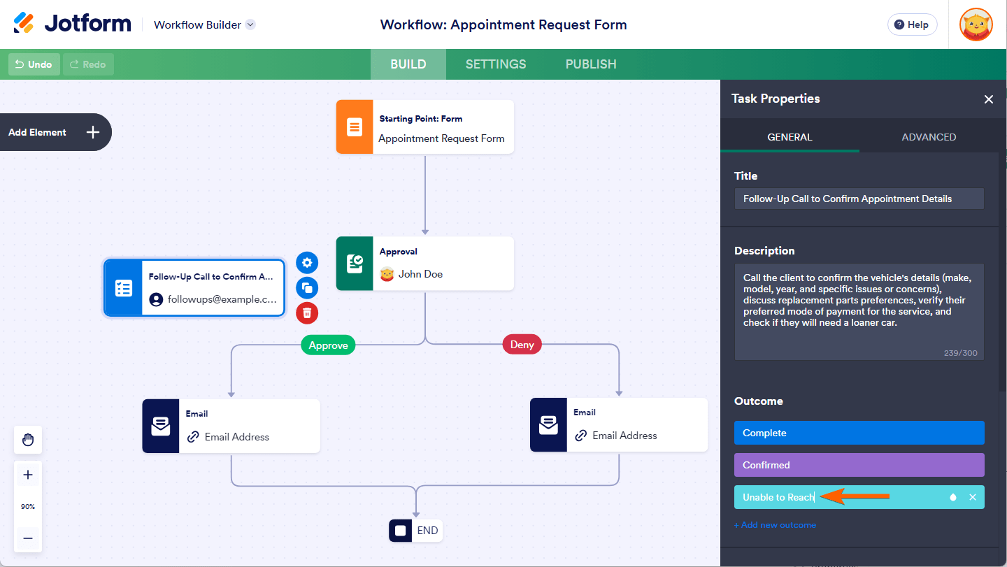 Renaming outcome under the General Tab of the Task Properties in Jotform Workflow Builder
