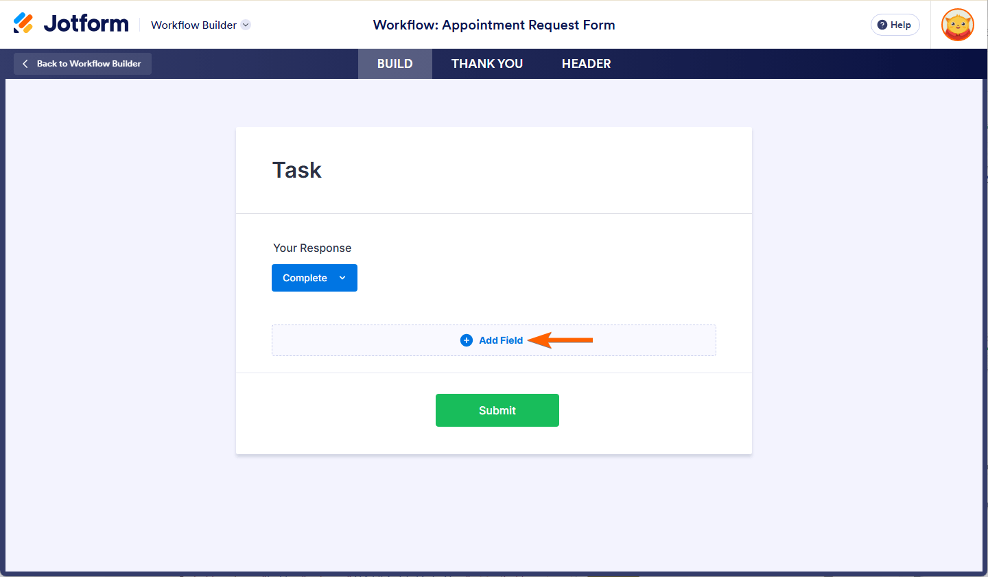 Add Field button in the Task Response Form Builder of the Jotform Workflow Builder
