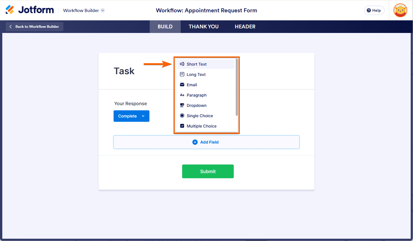 Add Field menu in the Task Response Form Builder of the Jotform Workflow Builder