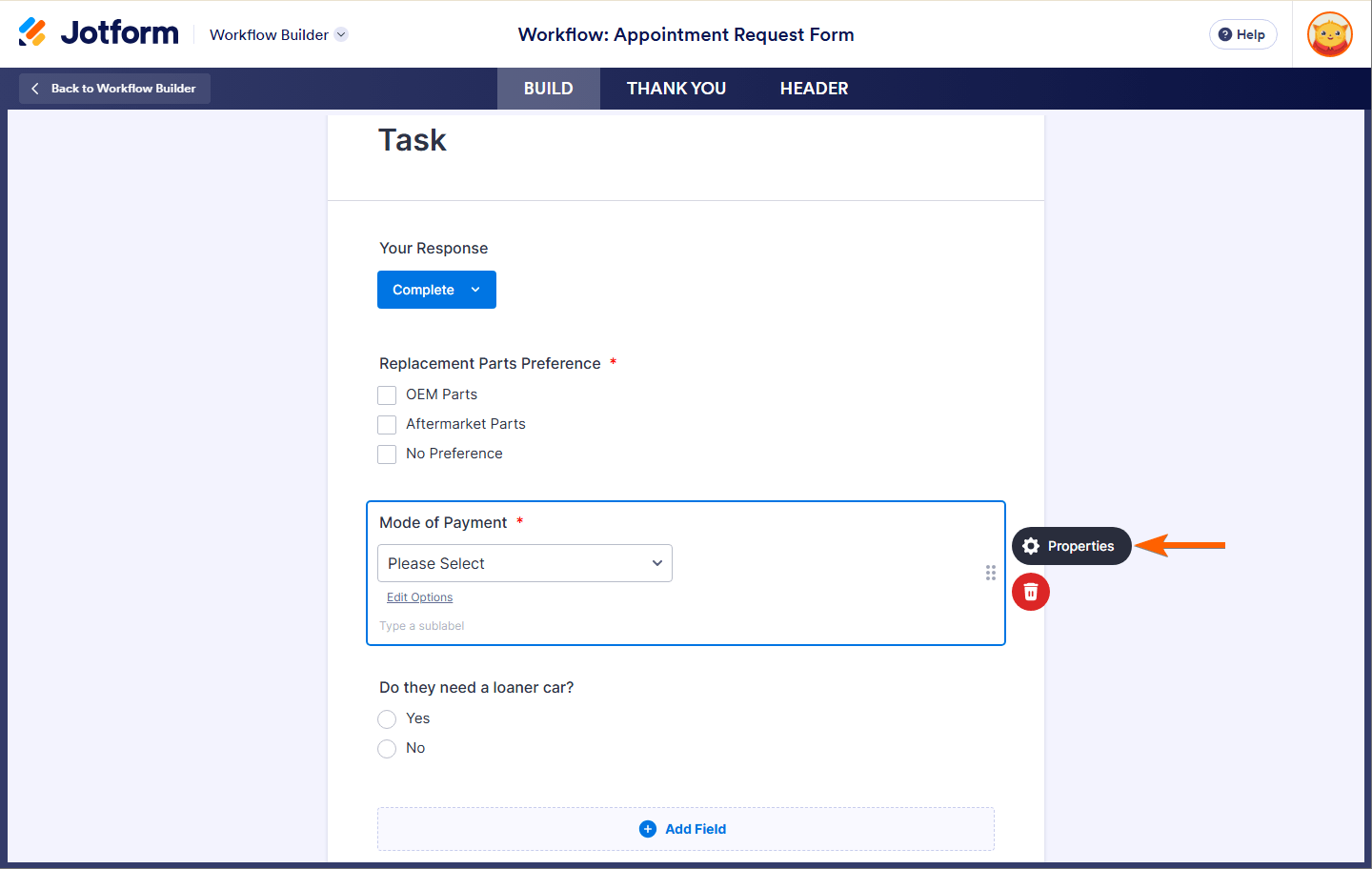 Properties button of a field in the Task Response Form Builder of the Jotform Workflow Builder