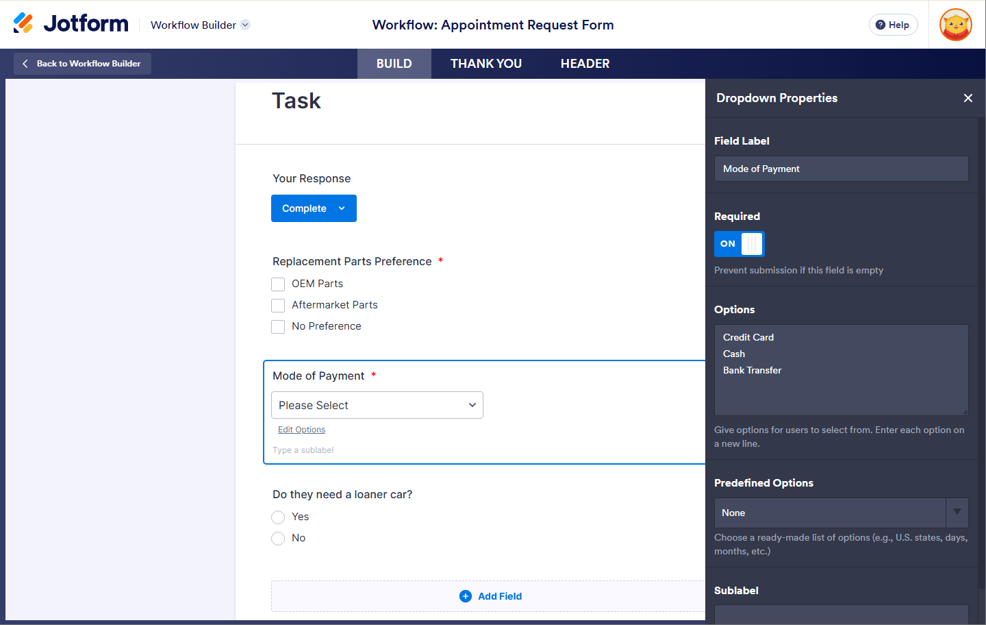 Properties of a field in the Task Response Form Builder of the Jotform Workflow Builder