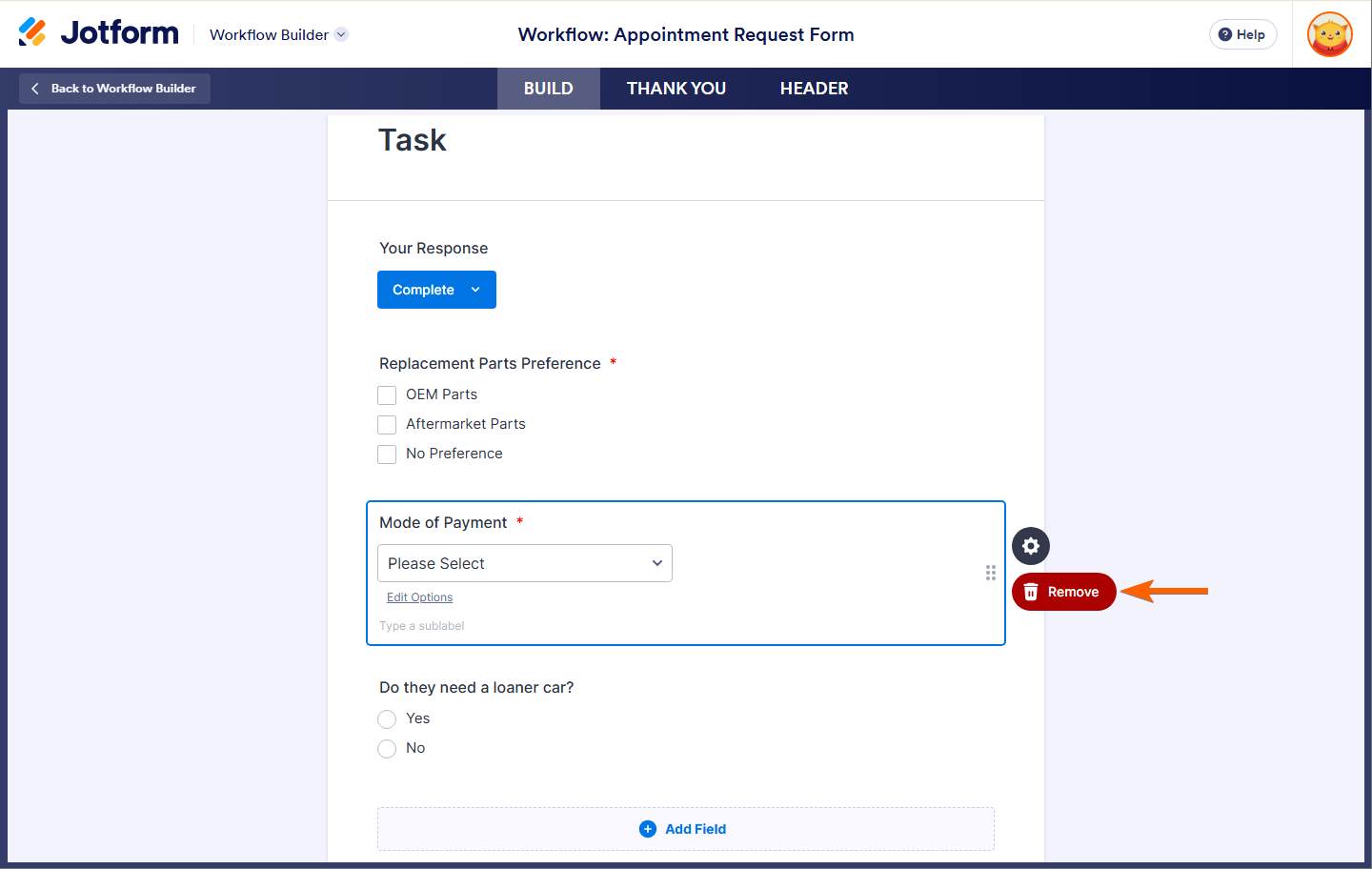 Remove button of a field in the Task Response Form Builder of the Jotform Workflow Builder