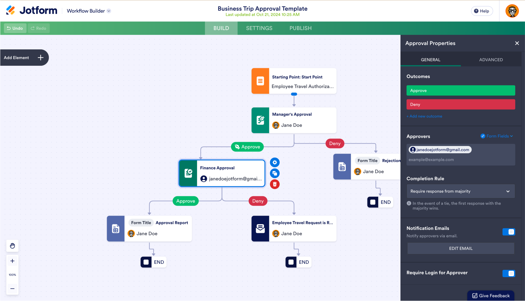 Business Trip Approval Template in Jotform Workflows Viewing Approval Properties Tab
