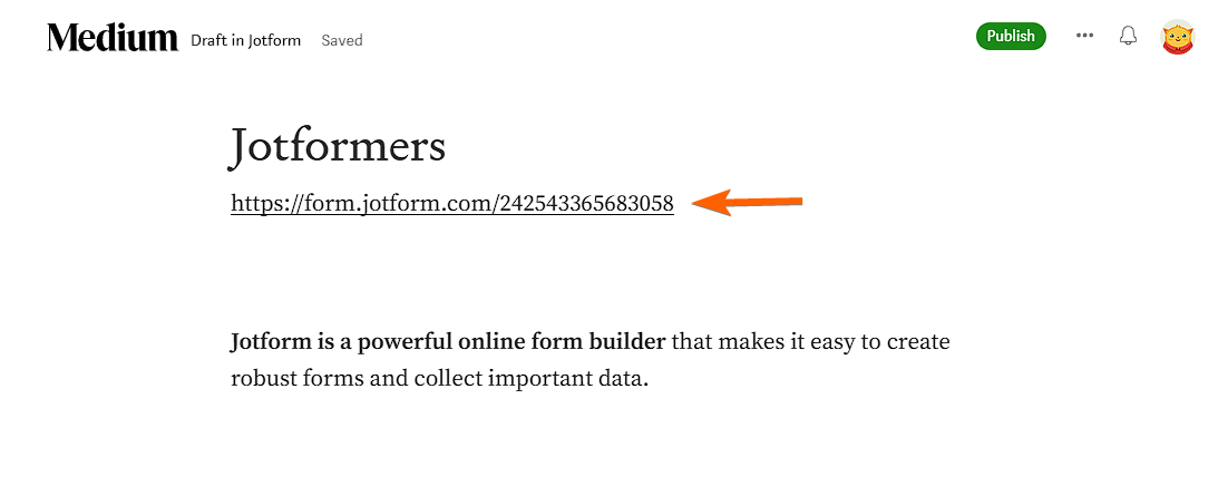 Jotform form URL pasted in the Medium article
