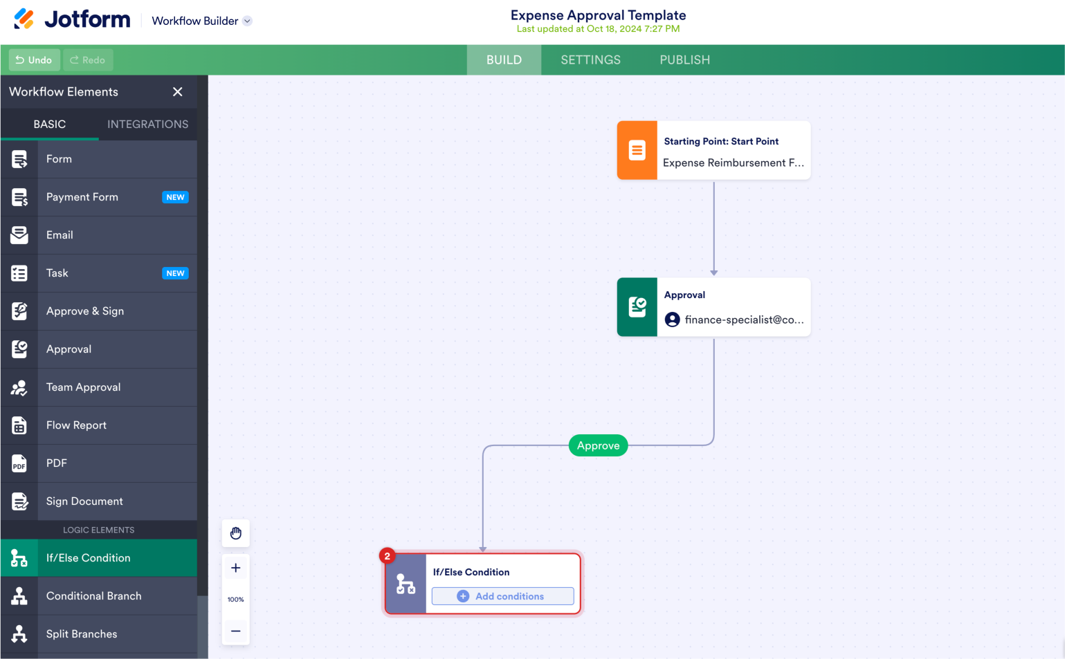 Jotform Workflows interface, displaying elements like 'Form', 'Email', 'Approval', and 'If/Else Condition'