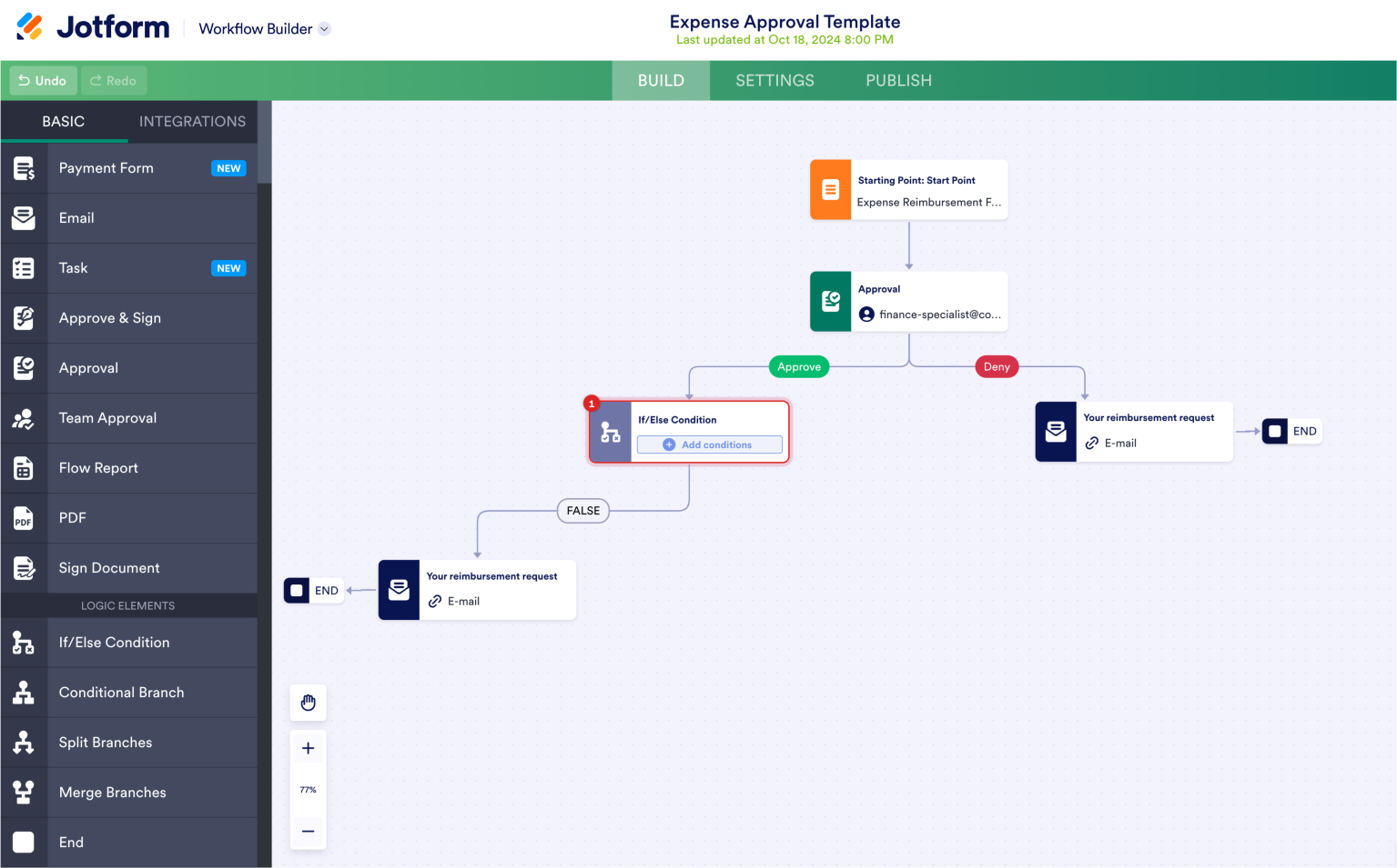 Jotform workflow with a reimbursement form leading to an approval process