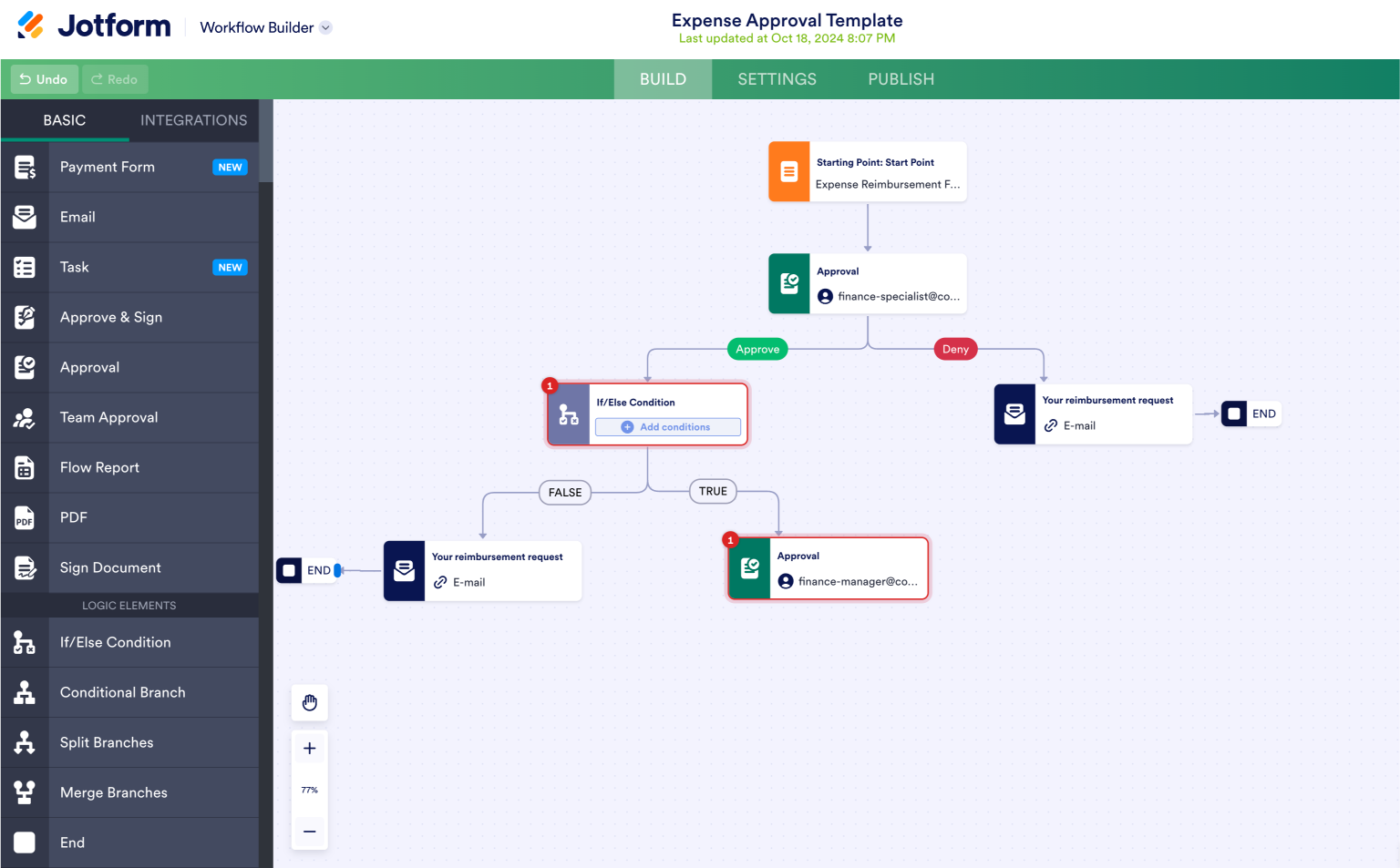 Jotform workflow where a reimbursement form leads to approval, then branches to 'Approve' or 'Deny'