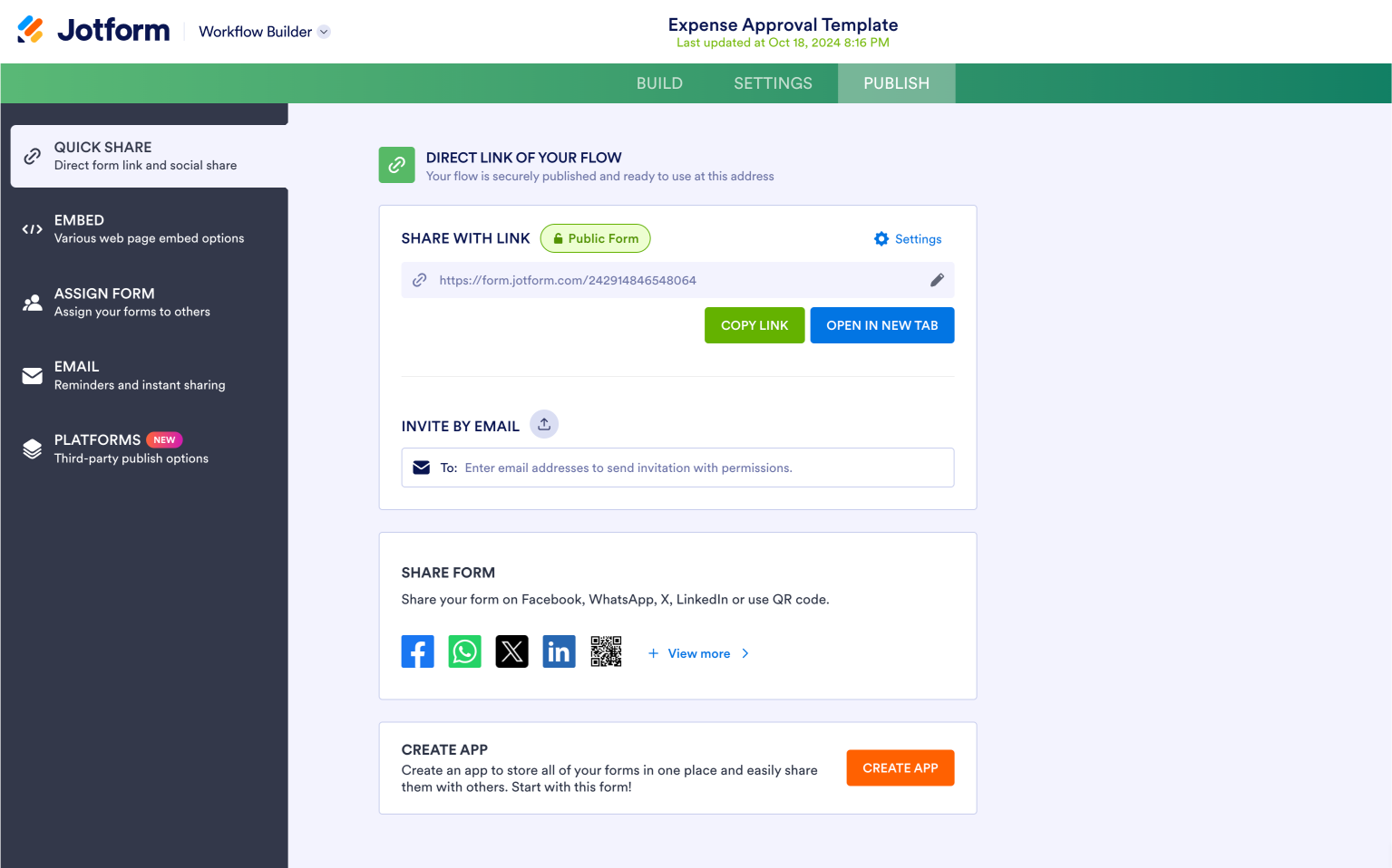 Jotform publish page showing options to share an approval form