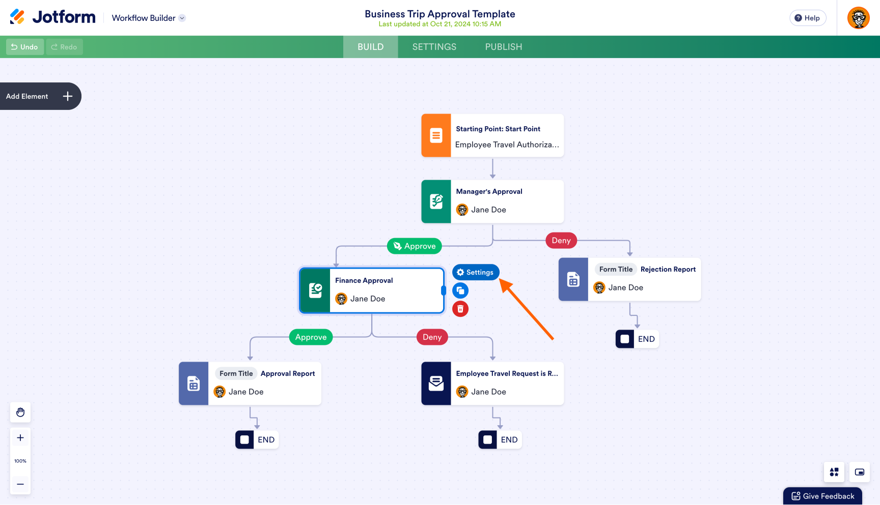 Business Trip Approval Template in Jotform Workflows Clicking on Settings of an Approval Field