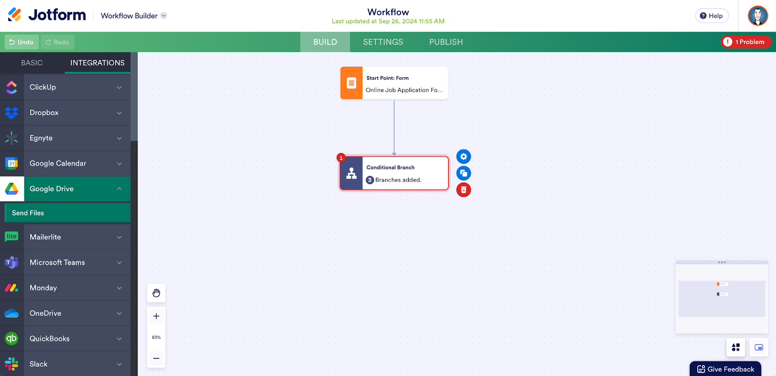 Adding Conditional Branch element in Jotform Workflows