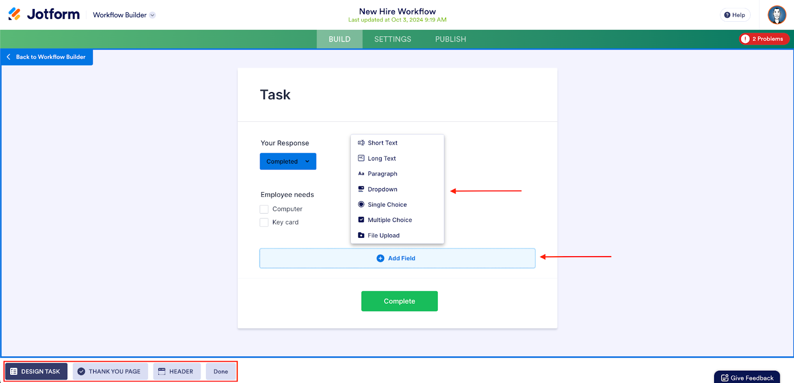 Clicking on the Add Field Button and the Dropdown and Highlighting the Design Task, Thank You Page, Header and Done Buttons at the Bottom of the Page