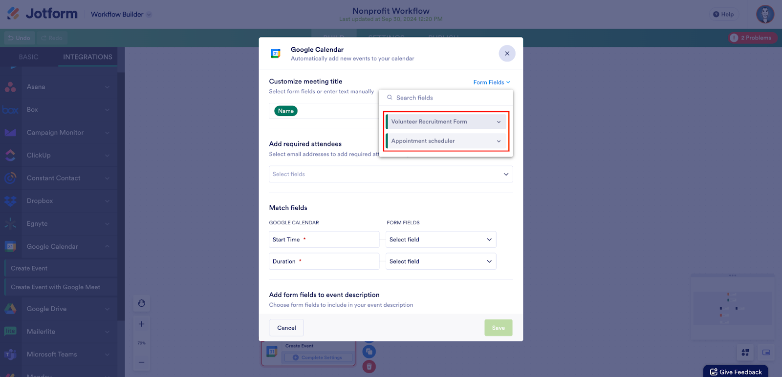 Selecting the Volunteer Recruitment Form name Field to create a meeting title for Google Calendar