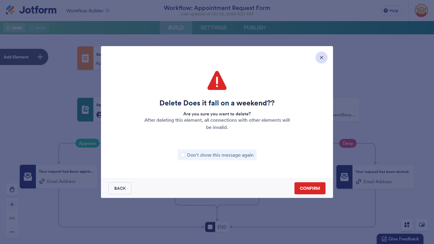 Delete element confirmation window of the Jotform Workflow Builder