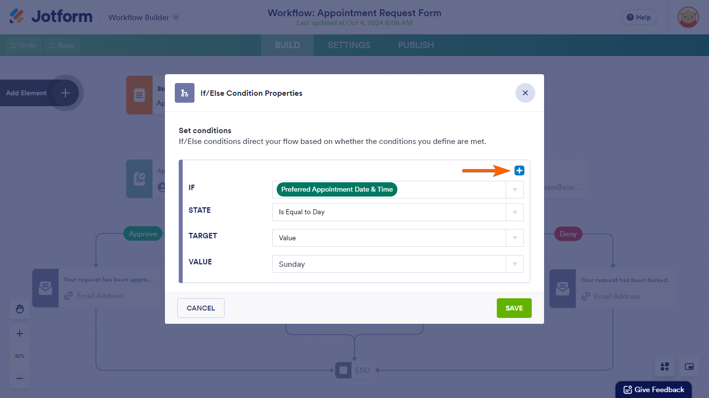 Add Condition button in the If/Else Condition Properties window in Jotform Workflow Builder