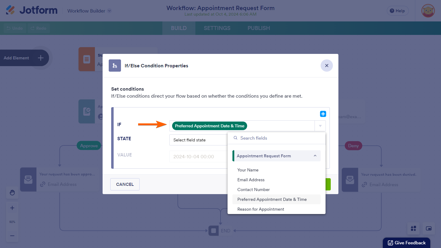 If dropdown in the If/Else Condition Properties window in Jotform Workflow Builder