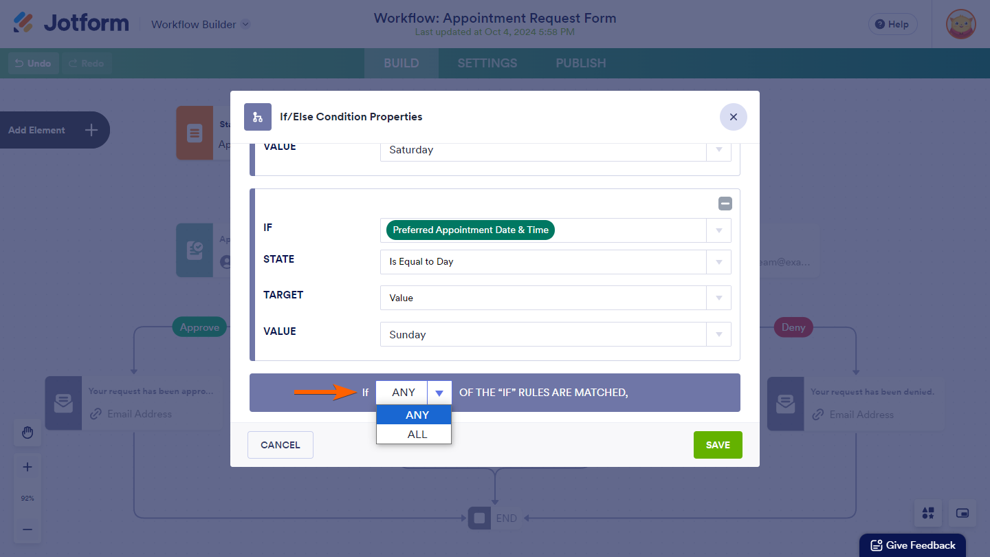 Match Rules dropdown in the If/Else Condition Properties window in Jotform Workflow Builder