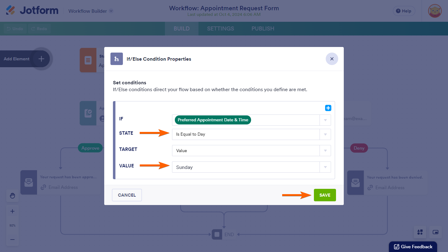 Save button in the If/Else Condition Properties window in Jotform Workflow Builder