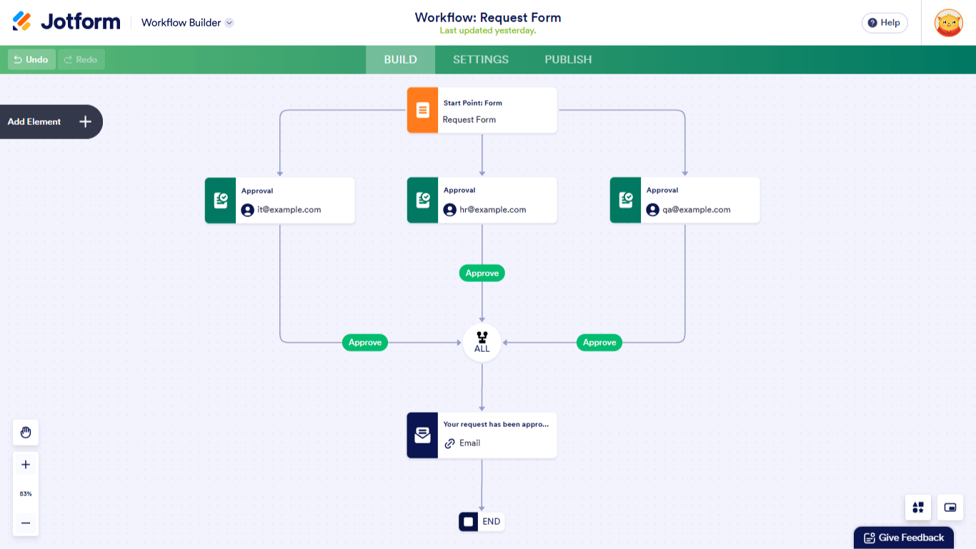 A Merge Branches sample in Jotform Workflows