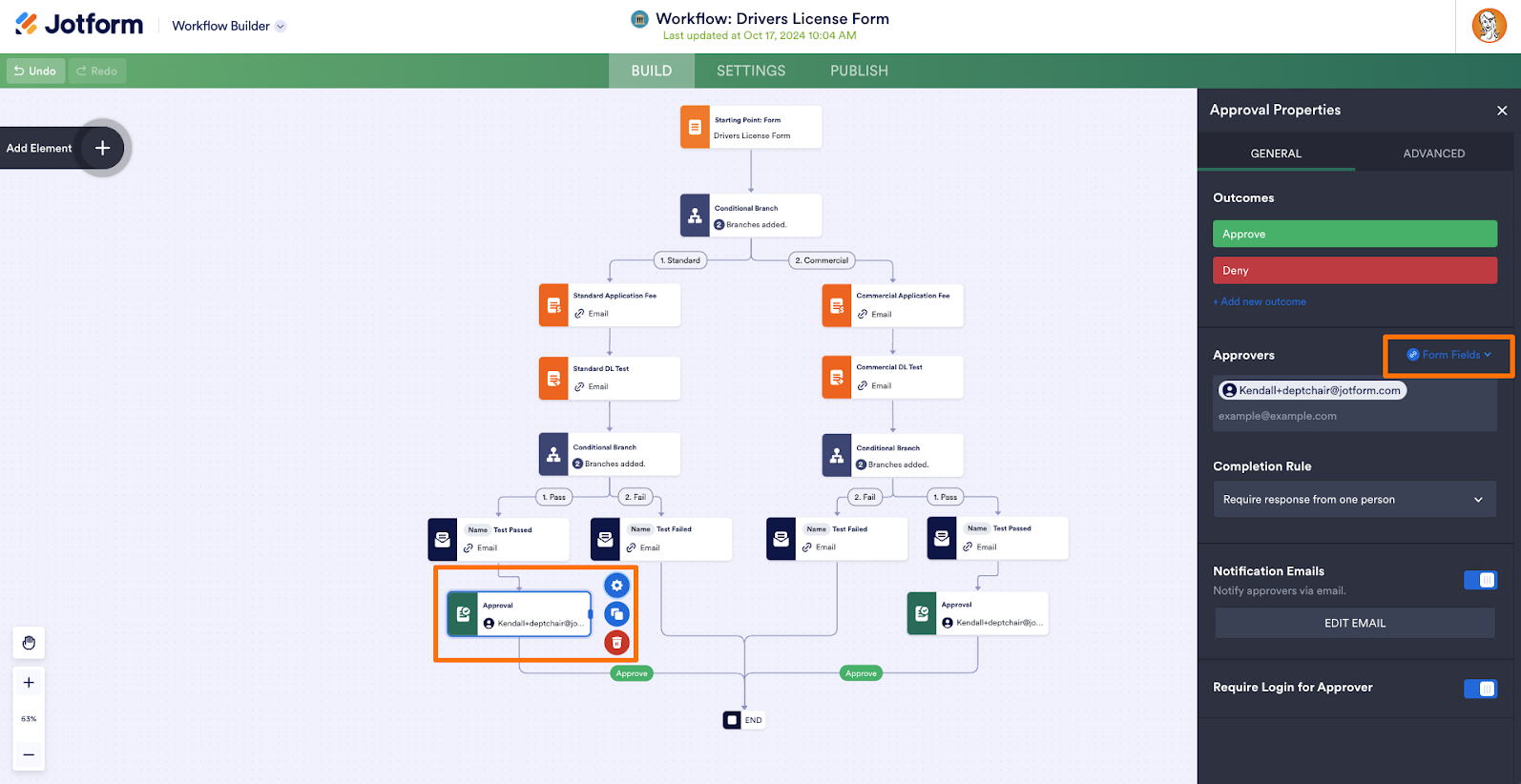 Highlighting the Approval Element Under the Conditional Branch in Jotform Workflow Builder