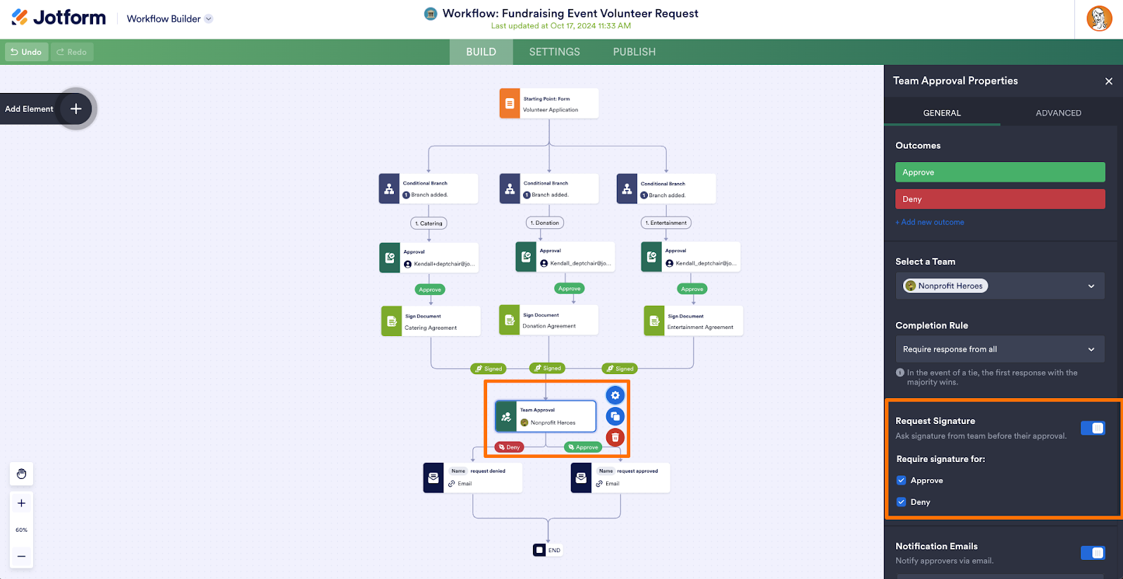 Highlighting the Request Signature Field Under Team Approval Properties