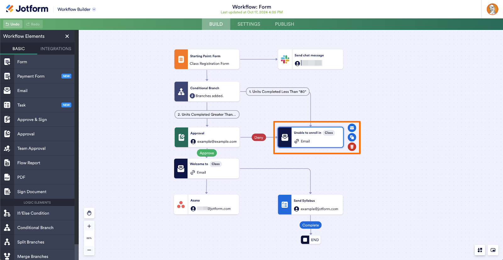 Viewing the Unable to enroll in to class under the Conditional Branch in Jotform Workflows