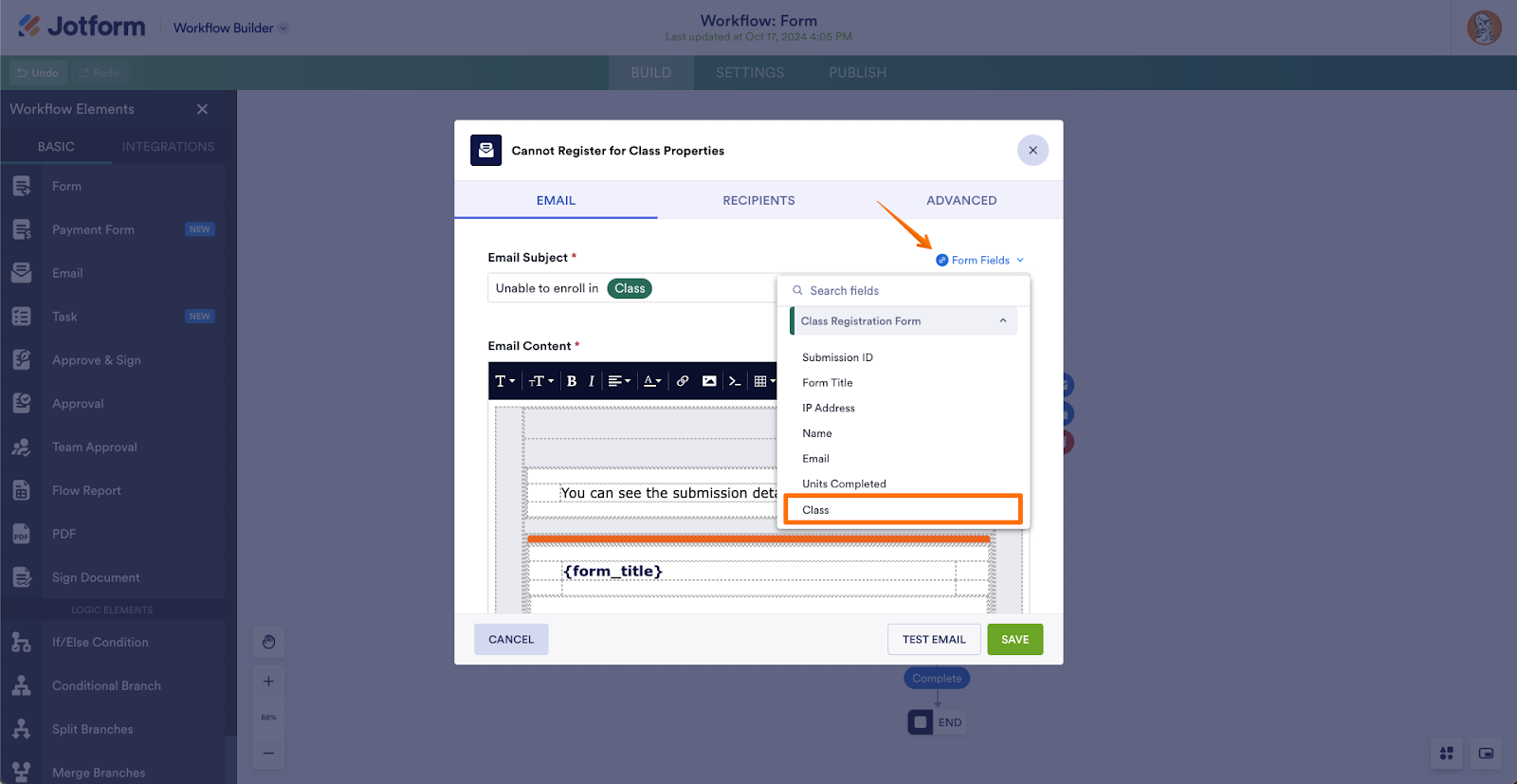 Selecting Form Fields and then Class Option Under "Cannot Register for Class Properties" Window