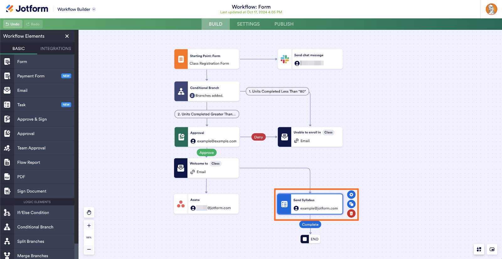 Highlighting the Final Branch of a Workflow, "Send Syllabus" in Jotform Workflows