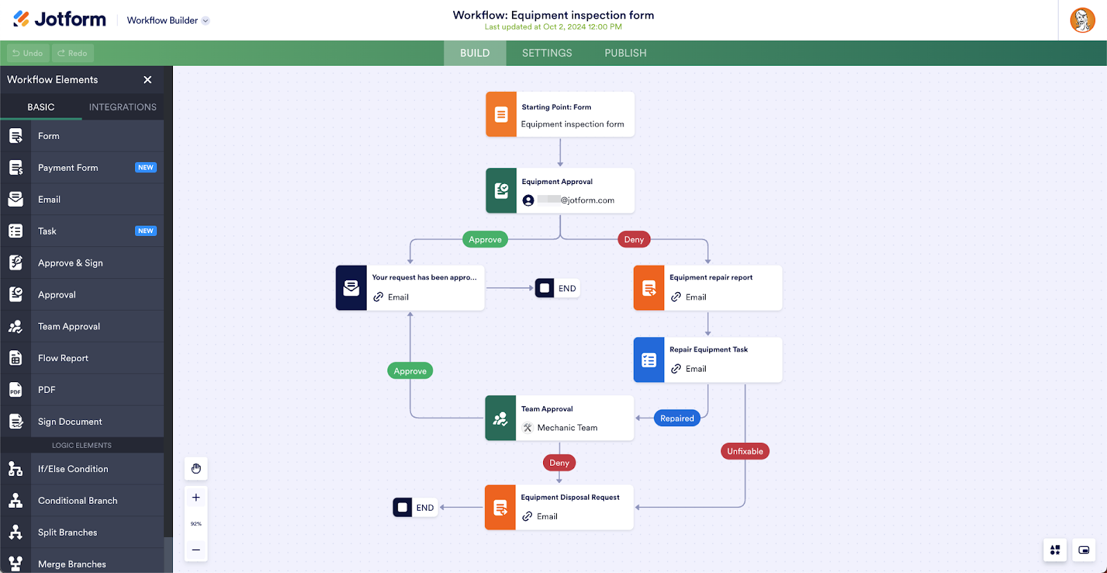 An Equipment Inspection Form in Jotform Workflow Builder