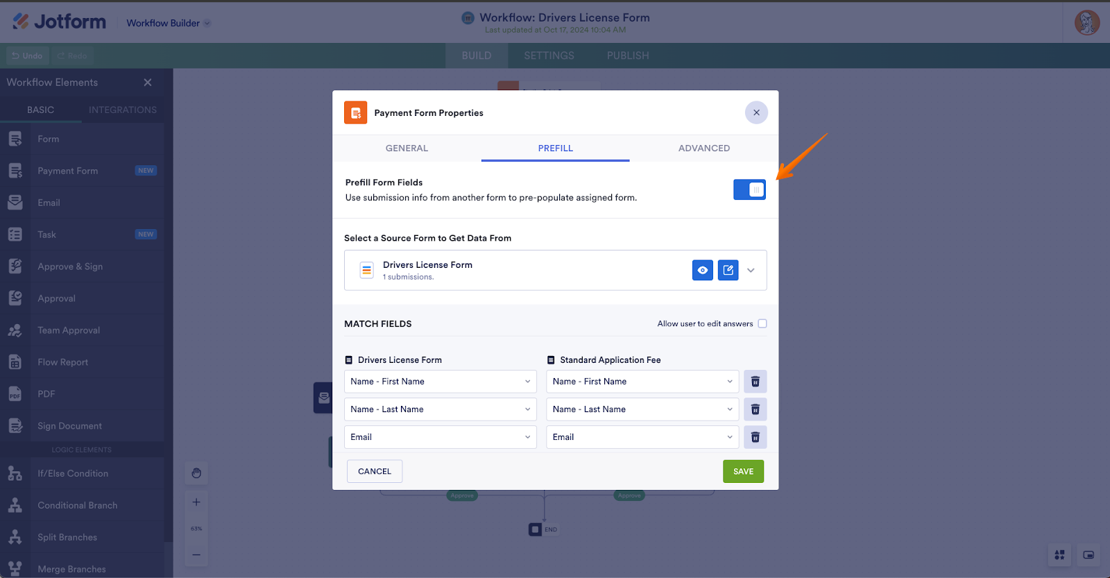 Toggling Prefill Form Fields to On in the Payment Form Properties Window