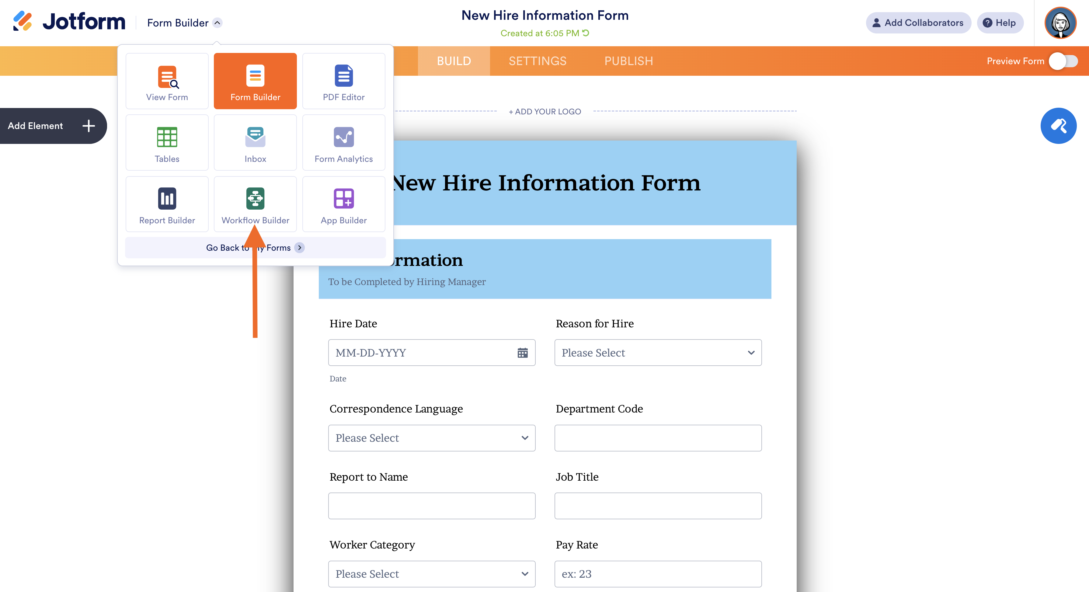 An interface showing options to create a workflow using templates or by navigating to Workflow Builder from the Form Builder