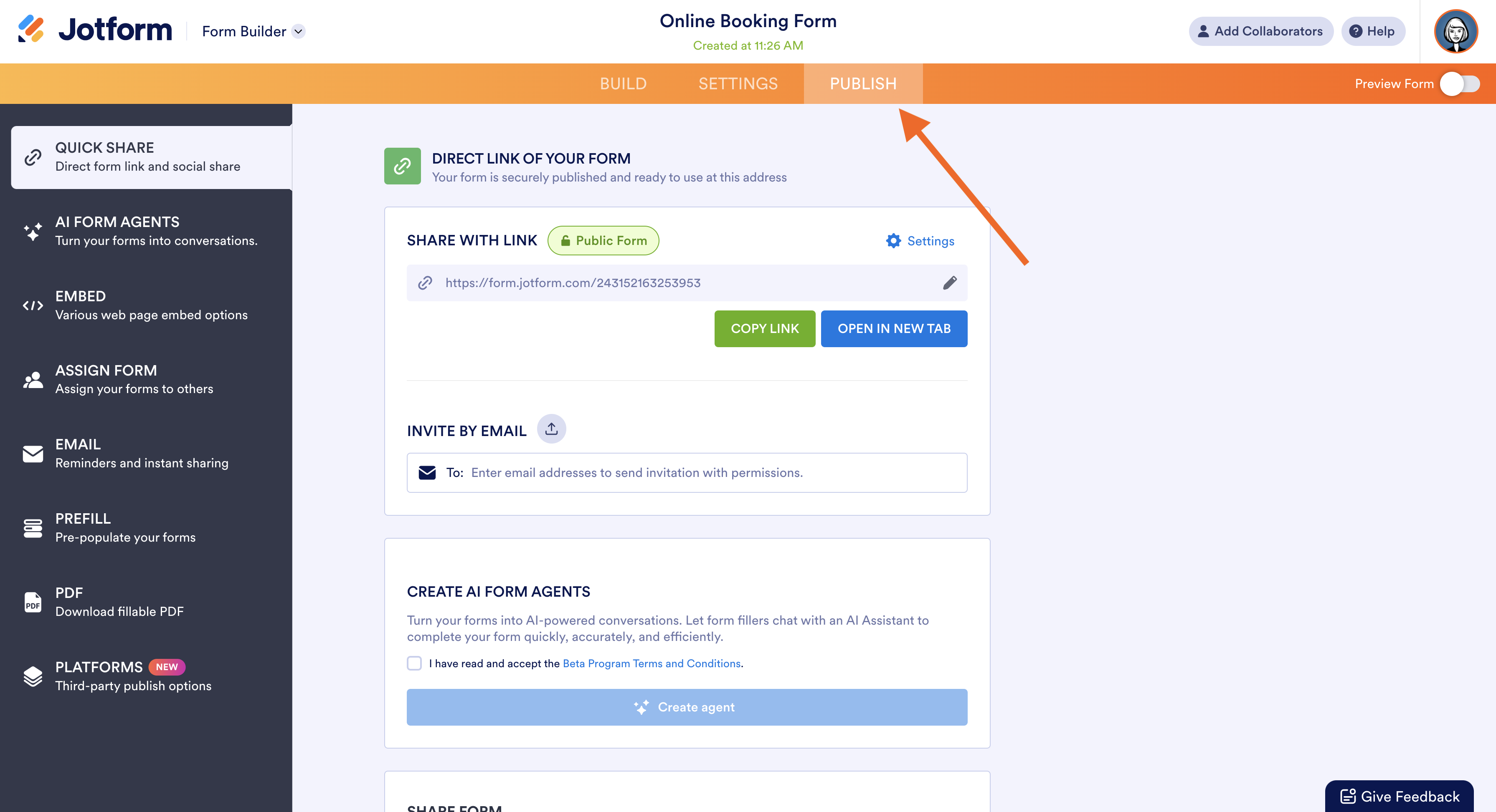 Screenshot of Jotform Form Builder with the “Form Element” menu open and arrows pointing to the “Form Elements” menu and "Publish" button