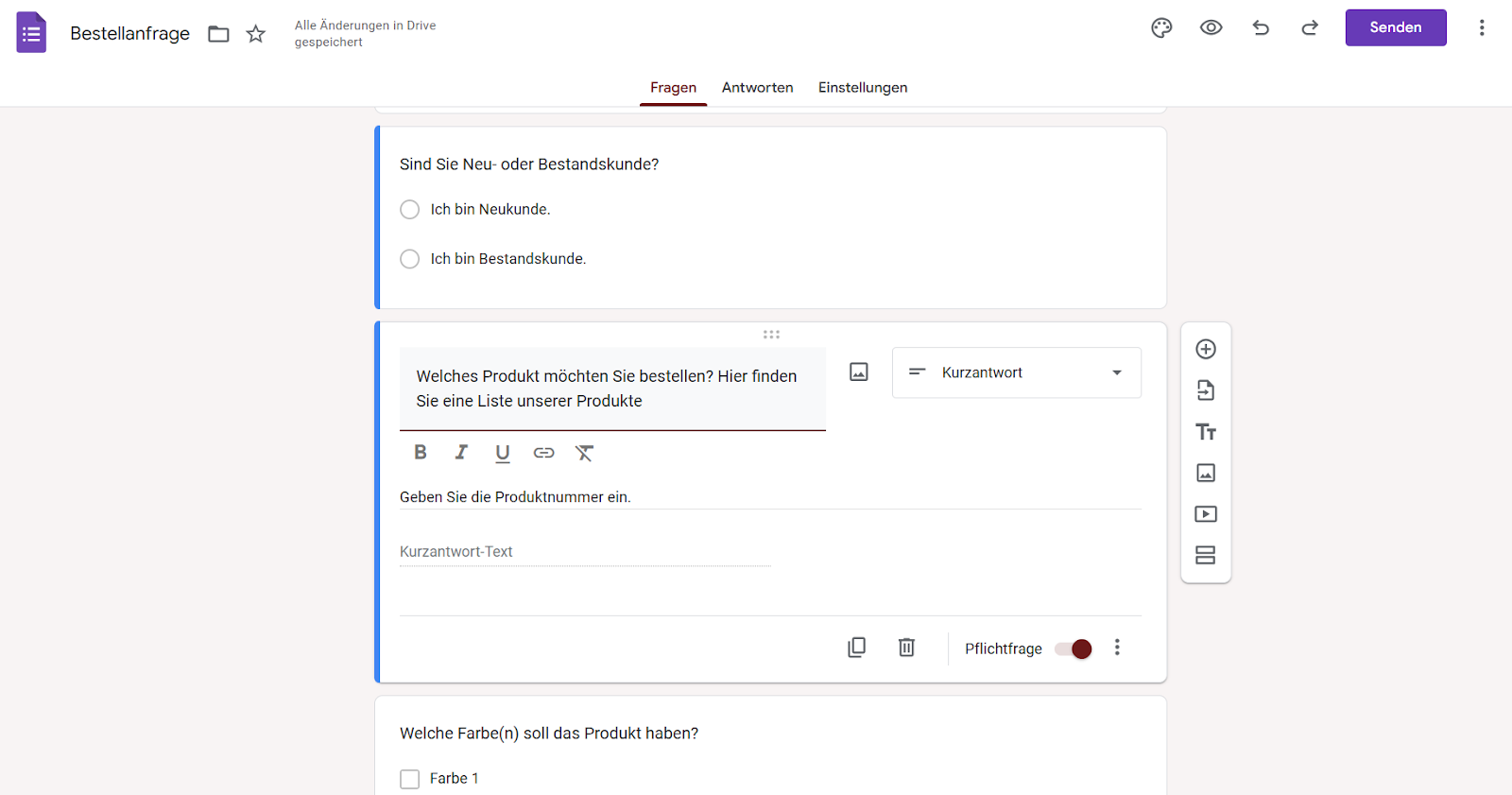 Ein Bild eines Bestellformulars im Google Formulare Generator