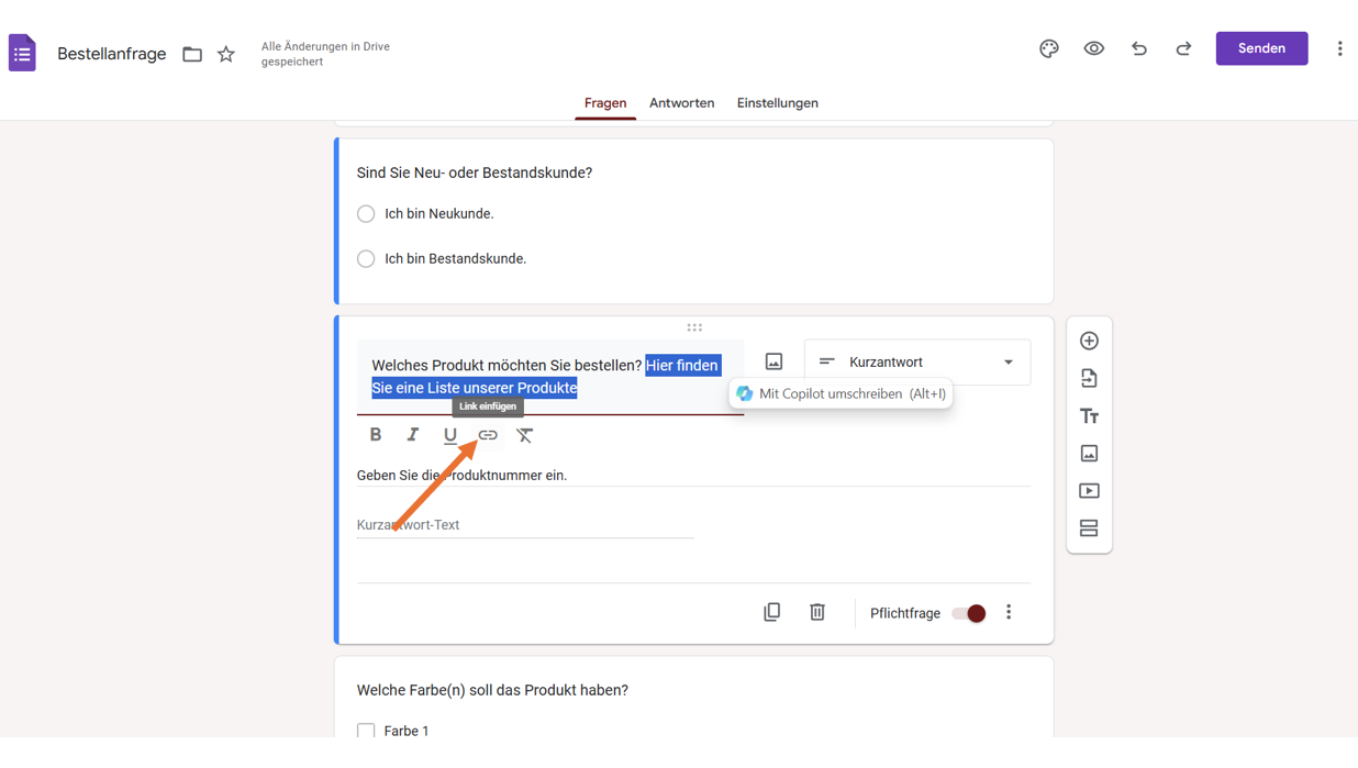 Gleiches Bild wie oben, aber ein Pfeil zeigt auf den Button „Link einfügen“ direkt unter der Frage